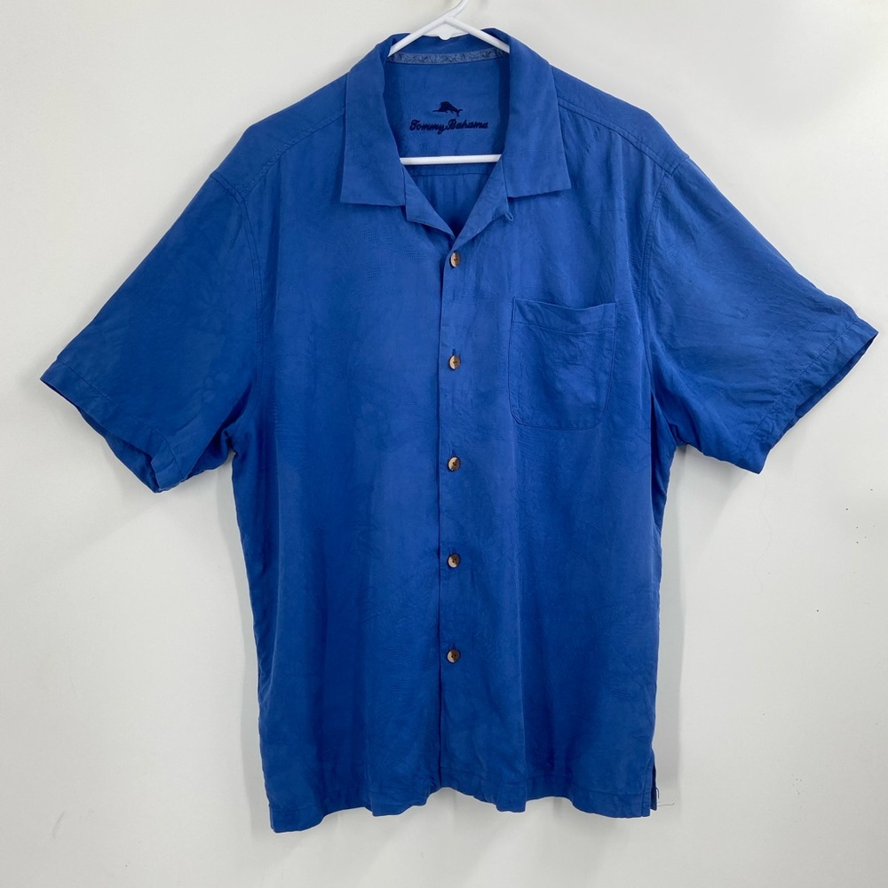 Tommy Bahama 100% Silk Men’s Button Down Short‎ Sleeve Blue Floral Large